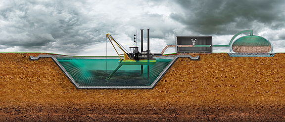 Bacino di raccolta delle acque piovane e alluvionali con impermeabilizzazione e protezione dall'erosione attraverso materasso in calcestruzzo Vasca di raccolta delle acque piovane e cassa di espansione impermeabilizzati con materasso in calcestruzzo e provvisti di un sistema di drenaggio