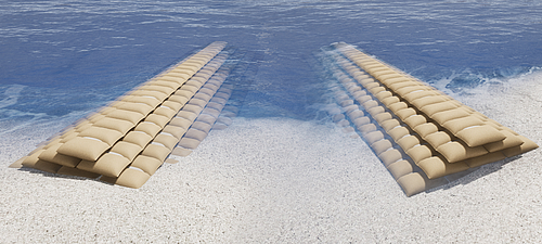 Realizzazione efficiente di pennelli e frangiflutti con i sacchi SoilTain per il controllo dell'erosione Due SoilTain Bags di Hüsker sporgono dalla terraferma verso il mare e fungono da innovativi frangiflutti e pennelli.